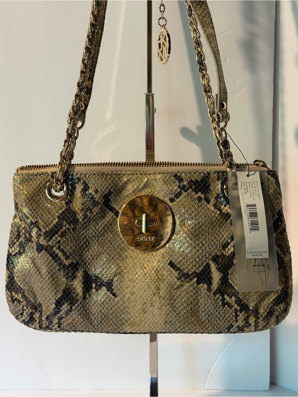DKNY Gold Snakeskin-Effect Shoulder Bag with Chain Strap